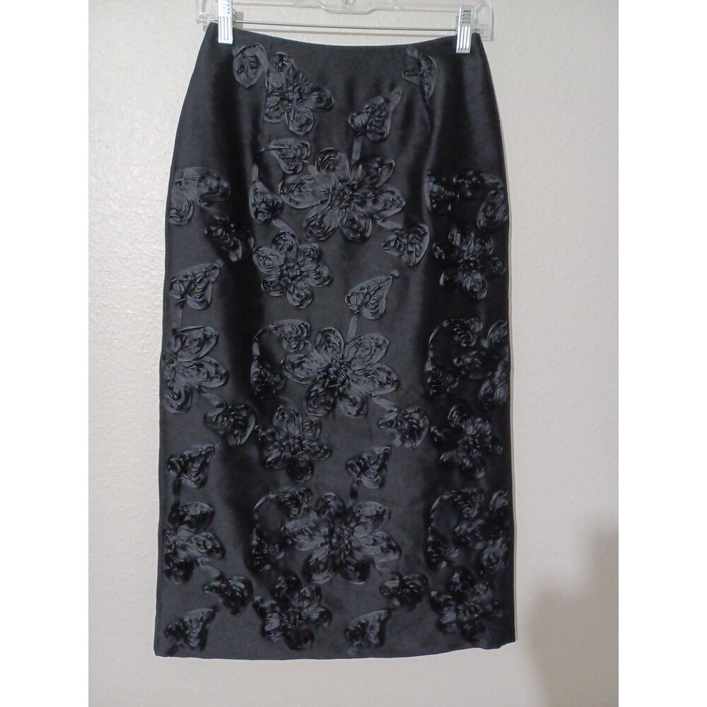 Caroline Hu Febrique black flower long maxi pencil skirt size xs
